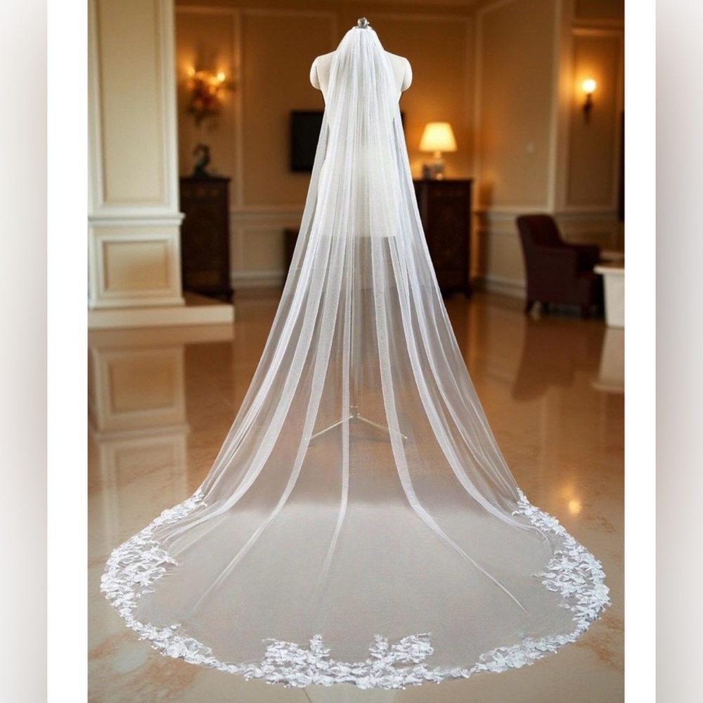 New 118 in Extra Long Bridal Veil Wedding Lace Trim Floral Cathedral True White